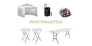 De volgende selectie aan feestpakket producten: Partytent, geluidsinstallatie, statafel, feestverlichting en partytafel